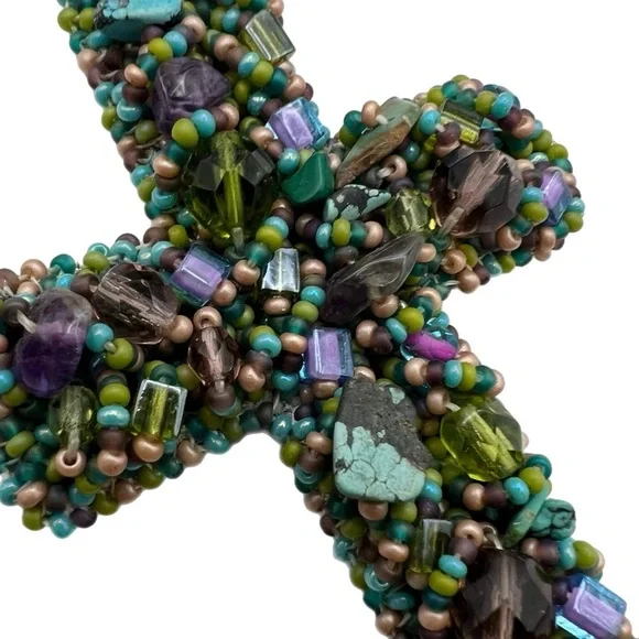 Vintage Handcrafted Beaded Embellished Cross Handmade Beads Ornamental Cross - Picture 7 of 10